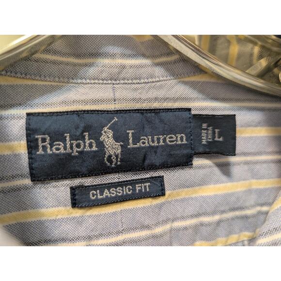 Ralph Lauren Men’s Classic Fit Large Blue Yellow Striped Button Down Shirt Work - Picture 4 of 8